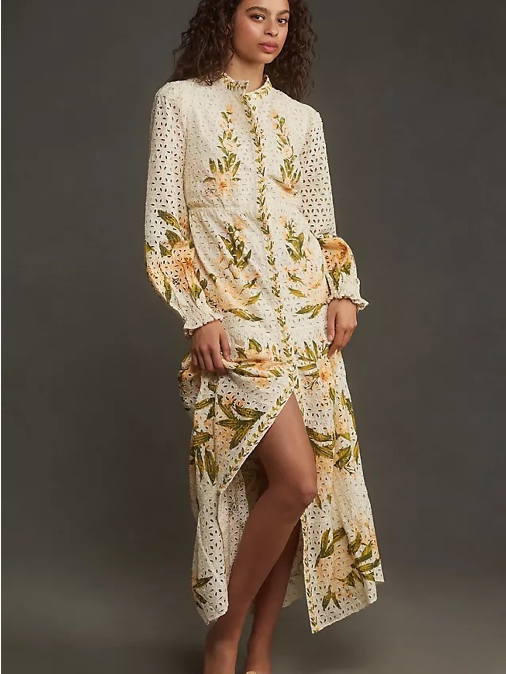 NWOT FARM Rio x Anthropologie long-sleeve floral eyelet maxi shirt dress, size S